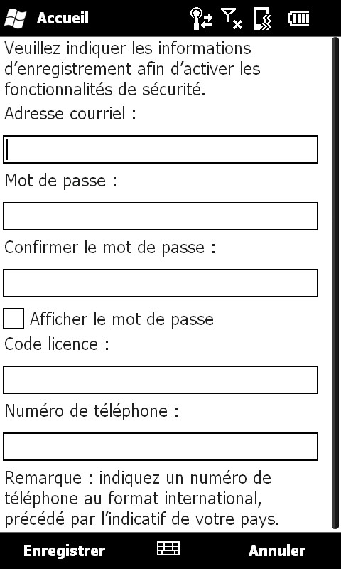Figure 20: Enregistrement Windows Mobile 7. Pour terminer l'enregistrement, sélectionnez Register [Enregistrer]. Le processus d'enregistrement peut durer quelques instants. 8.