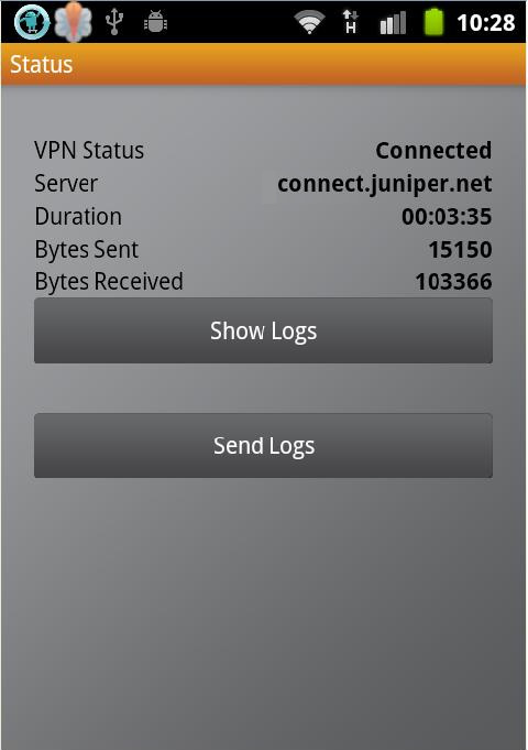 Utilisation de Junos Pulse sur les appareils portables Affichage de l'écran d'état de la connexion Lorsqu'une connexion VPN intégrale est établie (certains appareils ne