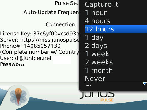 Settings [Paramètres] Dans la liste principale des fonctions Junos Pulse, vous cliquez sur le bouton Menu du BlackBerry pour accéder au paramétrage des mises à jour de sécurité ainsi qu'à des