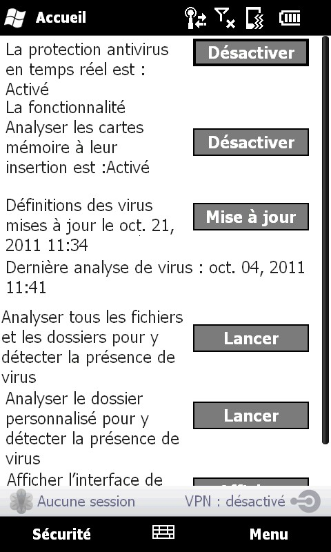 Utilisation de Junos Pulse sur les appareils portables Antivirus Sélectionnez la fonction de sécurité Antivirus pour afficher les options de l'antivirus et les informations du fichier journal.