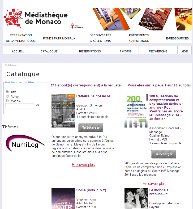 4 - Rendez vous avec Safari sur le site Numilog de la Médiathèque en passant par le site : www.mediatheque.mc. Ouvrez le catalogue et choisissez un livre.