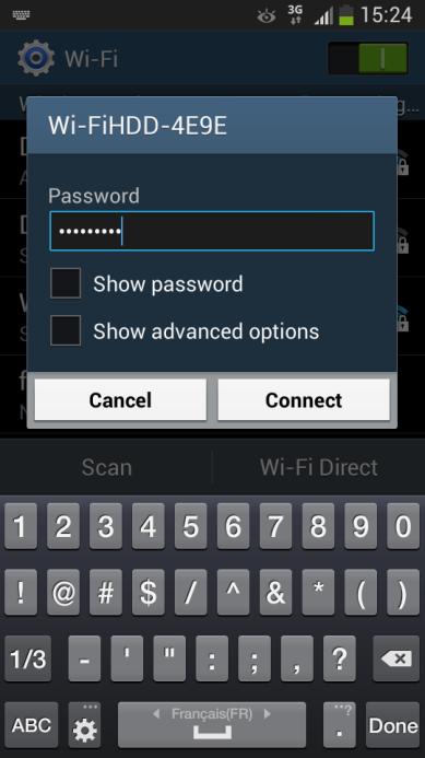 Allez dans les paramètres Wi-Fi de votre smartphone/tablette et choisissez le nom de votre Wi-Fi HDD dans la liste des réseaux disponibles. 3 Saisissez le mot de passe (par défaut : EMTEC4567).