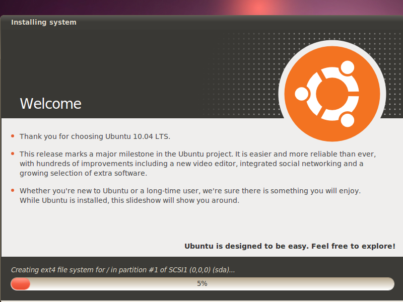 Installation du système d exploitation: Insérez votre CD d Ubuntu, la version 10.4 est retenue pour ce tutoriel mais pour ma part je me suis basé sur une procédure d installation sur Ubuntu 8.10 (cf.
