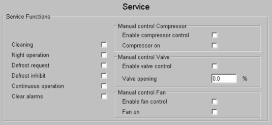 The top fields indicate status of compressor, defrost heater and fan (left) and a general alarm (right).