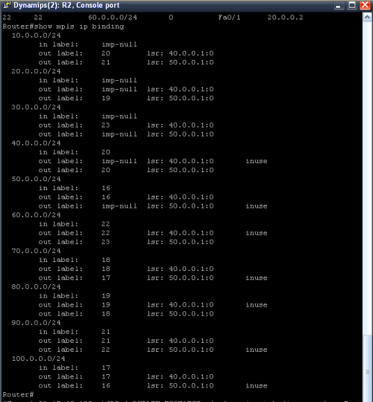 2. Résultats de la configuration : a. Liste des labels On s intéresse ici aux labels utilisés par R2 pour joindre l ensemble des adresses des routeurs du réseau MPLS.