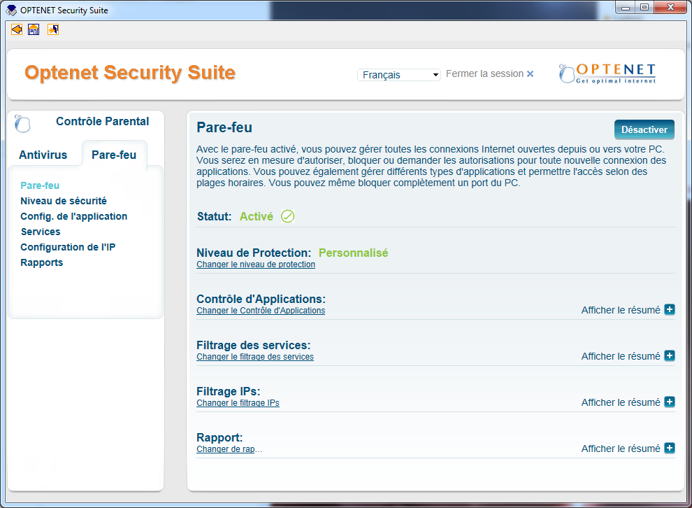 8.2 Niveau de Protection Dans l'optenet Security Suite, section Pare-feu, le niveau de sécurité de l'ordinateur peut être configuré.