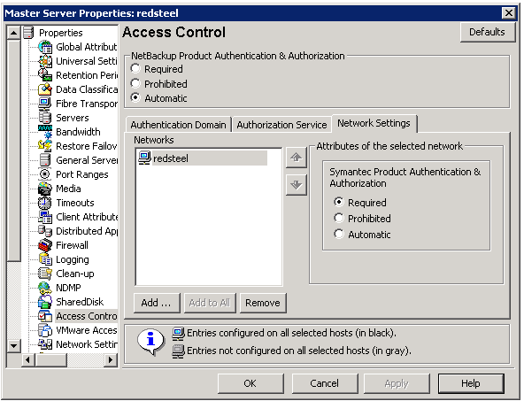 196 Sécurité des contrôles d'accès Onglet Domaine d'authentification Figure 4-2 Onglet Paramètres réseau Chaque nouveau client ou serveur de médias NetBackup (version 5.