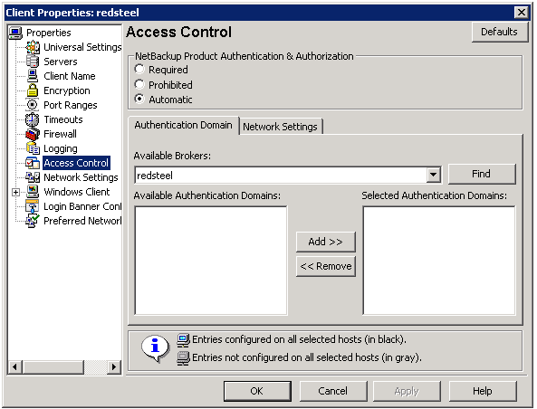 Sécurité des contrôles d'accès Onglet Domaine d'authentification pour le client 199 NetBackup > Propriétés de l'hôte > Clients > Clients sélectionnés > Contrôle d'accès.