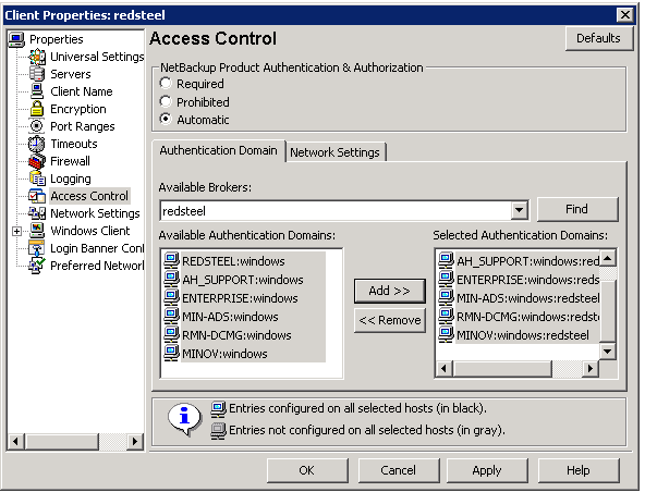 200 Sécurité des contrôles d'accès Onglet Paramètres réseau pour le client s'authentifier. Vous pouvez cliquer sur Rechercher pour obtenir une liste des domaines d'authentification disponibles.