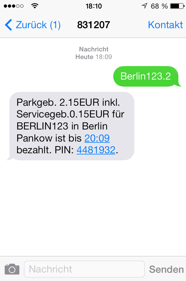 N Ticket : 4481932 L utilisateur reçoit un SMS de stationnement. *Votre ticket de stationnement pour le véhicule Berlin123 prendra fin à 20:09.
