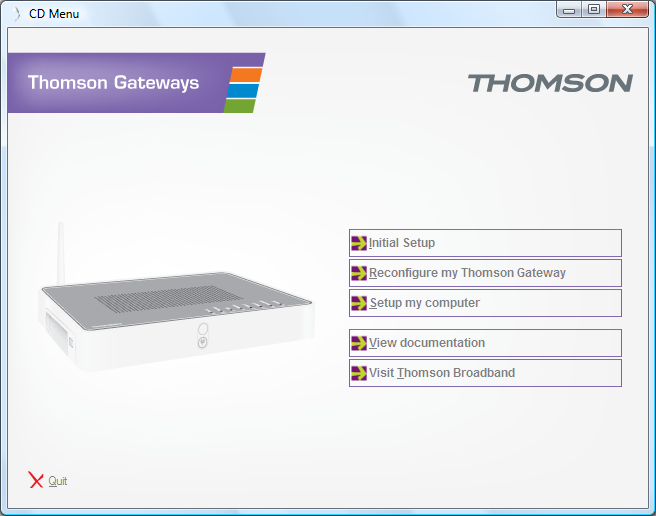 1 Installation Menu du CD Dans le Menu CD, cliquez sur : Configuration initiale pour connecter votre ordinateur à votre Thomson Gateway et le configurer.