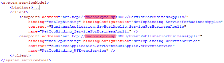 Microsoft Windows Workflow Foundation 180 P a g e APPENDICES Configuration Application Business De la même manière que pour la configuration des services il faut changer l adresse des services
