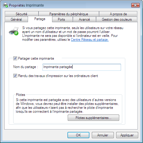 4. Dans la fenêtre Propriétés de Imprimante, cliquez sur le bouton Modifier les options de partage. 5. Dans la fenêtre de confirmation Windows Vista, cliquez sur Continuer. 6.