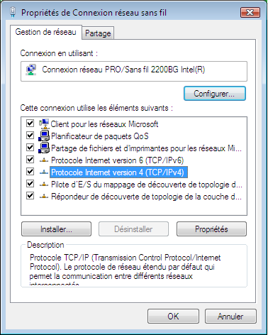 4. Dans la fenêtre État de Connexion réseau sans fil, cliquez sur Propriétés. 5. Dans la fenêtre de confirmation Windows Vista, cliquez sur Continuer. 6.