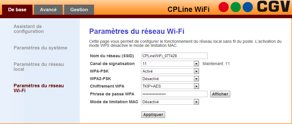 Le sous menu «Paramètres du système» vous permet de choisir le mode de fonctionnement du CPLine WiFi, de choisir le fuseau horaire, d activer ou non l heure d été et de changer le nom d