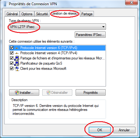 Pour le type de réseau VPN, choisissez «VPN L2TP IPsec», puis cliquez enfin sur OK pour fermer la fenêtre.
