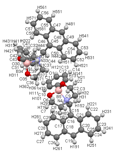Résolution structurale de Ant2 : L unité asymétrique du cristal de Ant2 comporte deux molécules. Formule brute C 50 H 48 B 2 N 2 O 4 : (2 molécules de Ant2) Masse molaire (g.mol -1 ) 762.