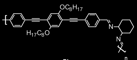 Préparation de la polyimine (PI) Dans un schlenk, 1,4 g (1R,2R)-N,N -bis(4-bromobenzylidène)diaminocyclohexane (8) (3,12 mmol), 1,194 g de 1,4-diéthynyl-2,5-dioctyloxybenzène (5) (3,12 mmol), 150 mg