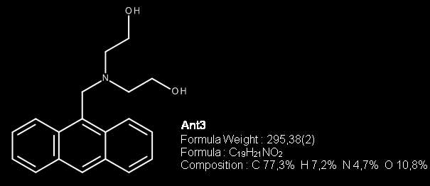 Préparation du N-(anthracén-9-ylméthyl)diéthanolamine (Ant3) : Dans un tricol de 250 ml muni d un réfrigérant, on introduit 5 g (22 mmol) de 9- chorométhylanthracène, 3,6 g de carbonate de potassium