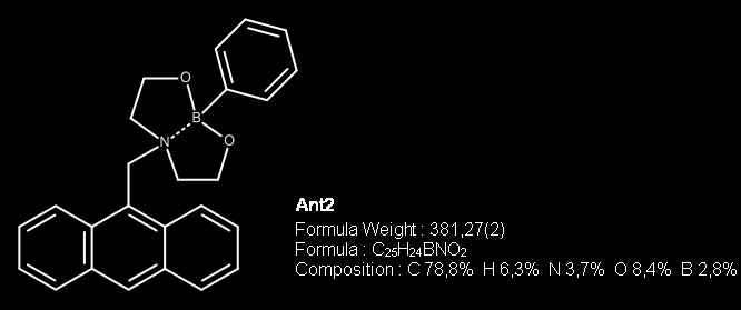 Préparation du 6-(anthracén-9-ylméthyl)-2-phényl-1,3,6,2-dioxazaborocane (Ant2) Dans un montage de Dean-Stark, sont introduits : 300 mg (1,01 mmol) de Ant3, 120 mg (1 mmol) d acide phénylboronique et