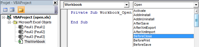 Cours VBA : les événements Workbook Nous pouvons exécuter du code lors de certains événements du classeur (ouverture, fermeture, etc) Workbook_Open (à l'ouverture) : Pour exécuter des instructions à