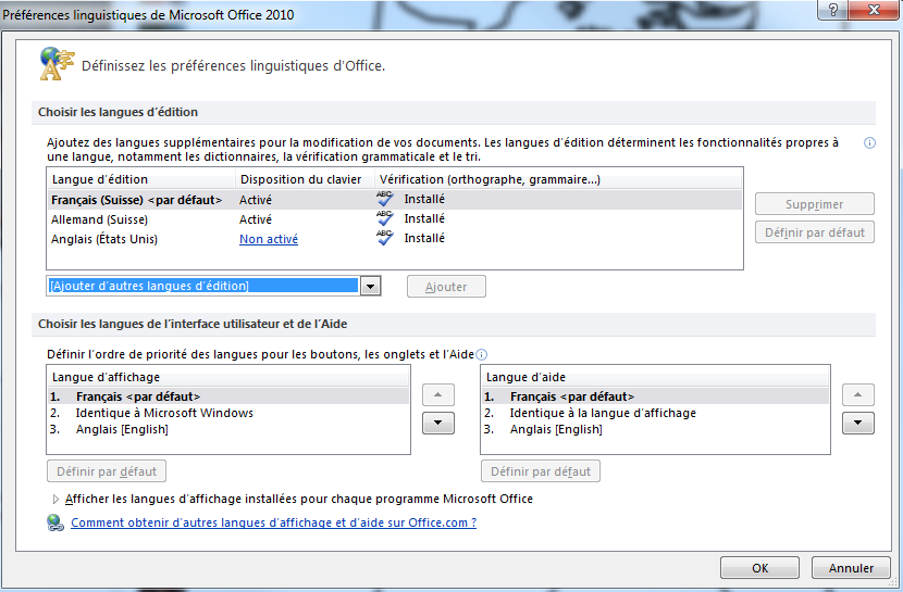 Pour avoir la suite Office 2010 en français Dans le «Menu démarrer», «Microsoft Office», «Outils Microsoft Office