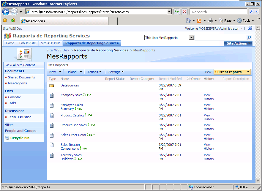 Utilisation du site WSS Nous avons donc notre SQL Server 2005 Reporting Services intégré dans notre site WSS et pouvons uploader nos rapports sur le