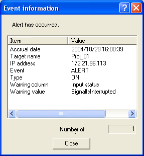 A propos du traitement des évènements Display warning dialogue La fenêtre de dialogue suivante apparaît sur l écran si un évènement se produit.