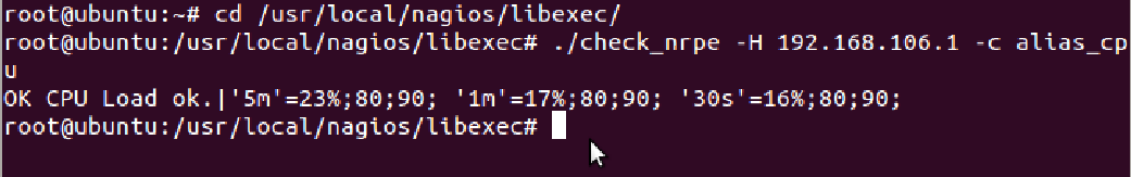 command [check_cpu]=/usr/local/nagios/libexec/check_load -w 15,10,5 - c 30,25,20 E/ Mise en œuvre : VI- Installation des premiers greffons : Afin de rendre NAGIOS utilisable un minimum,