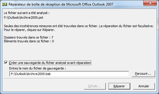 Réparer un fichier PST avec l utilitaire d Office : SCANPST 1. Lancez la commande C:\Program Files\Microsoft Office\Office12 \scanpst.exe (graphiquement ou en ligne de commande) ; 2.