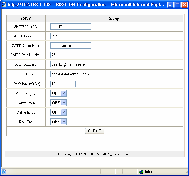 Cliquez sur le bouton Configuration (Configuration) pour afficher la fenêtre suivante. Vérifiez les valeurs de paramétrage du SMTP.