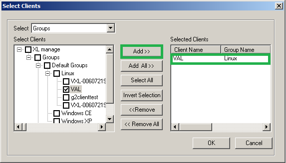 Configurer des clients Travailler sur des clients Figure 56 Certificats choisis dans la barre de menu Etape 2 : Dans la sous fenêtre, choisir G2 client(s) Defined & Default group et cliquer Add.