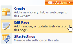 Ajout de composants WebPart 1. Dans la page d accueil de Walkthrough Site, cliquez sur Actions du site, puis sélectionnez Modifier la page. 2.