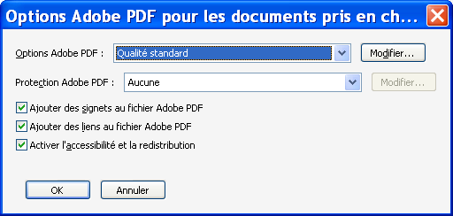 1. Dans la boîte de dialogue : cocher les cases : 3 - Ajouter des signets au fichier Adobe PDF - Ajouter des liens au fichier Adobe PDF - Activer l'accessibilité et la redistribution 2.