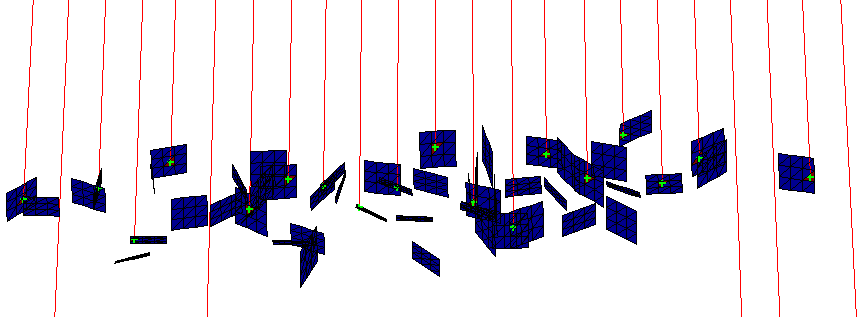 FIGURE 4.2: Simulation de l échantillonnage d un feuillage (carré) par un scanner laser 2D (résolution angulaire de 0.2 ) situé à une distance de 30 m. Les points mesurés par le laser sont en vert.