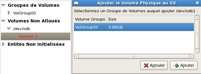 Figure 12 Ajout d'un disque physique à un VG existant Une fois ajouté au group de volumes VolGroup00, la vue physique est : Figure 13 Vue physique du volume group Le groupe de volume est bien étendu