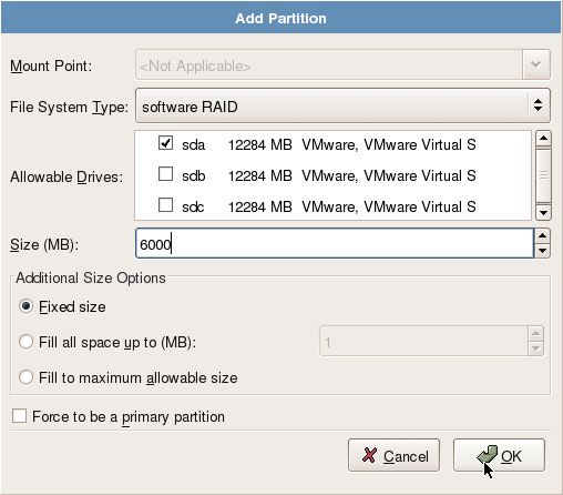 Le système indique qu il n y pas de partitions RAID software, cliquez sur OK : Système de stockage distribué à faible coût Figure 70 Début de la création du RAID La fenêtre suivante apparaît,