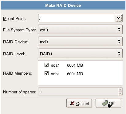 Une fois les trois partitions créées, cliquez encore sur le bouton RAID et sélectionnez Create RAID device [default=/dev/md0].