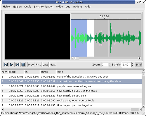 Chapitre 20: Astuces 163 Subtitleeditor Subtitleeditor a l immense avantage d afficher l audio sous forme d ondes sonores.