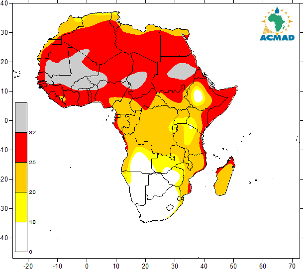 1.3 Humidité relative La carte d humidité relative du mois de Mai 2015 (Figure 3) montre, de fortes humidités relatives de surface (>= 80%) sur le sud des pays du Golfe de Guinée, le Gabon, sur le