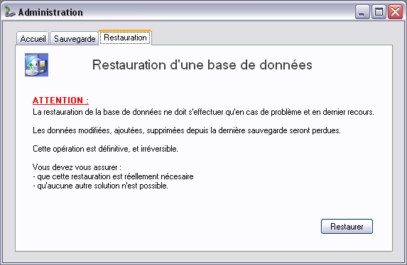 5.3 Restauration des données Julie SMS Cliquez sur le bouton «Restaurer» pour lancer la restauration à partir du répertoire de sauvegarde.