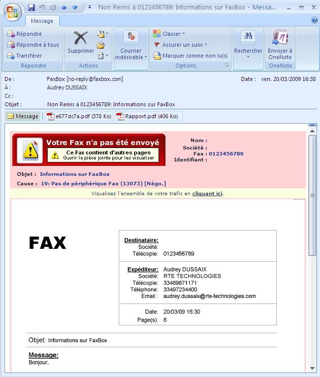 L icône verte indique que le Fax a été correctement transmis.