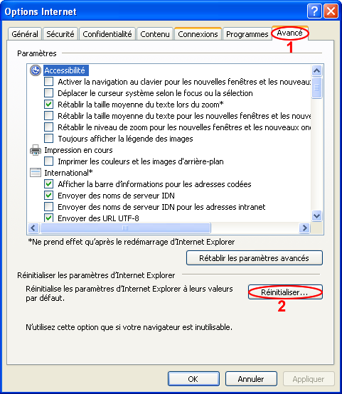 B - Remettre à zéro les paramètres d'internet Explorer 9 La modification de certaines options du navigateur peut entrainer des dysfonctionnements ou des effets non souhaités sur la navigation