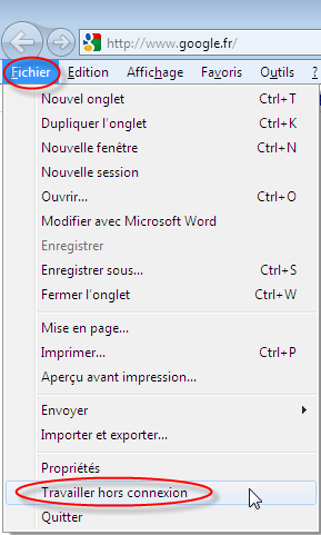C - Ne pas travailler hors-connexion Etape 1 : La fenêtre d'internet Explorer apparaît. Dans le menu Fichier, décochez l'option Travailler hors connexion si elle est cochée.