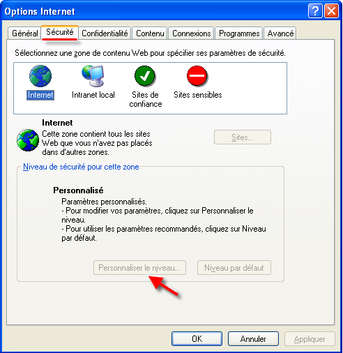 5) Paramètres de sécurité d Internet Explorer Niveau de sécurité : Dans Internet Explorer, cliquez sur «Outils», puis