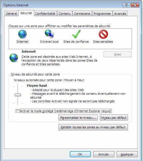 PARAMÉTRAGE D'INTERNET EXPLORER SOUS WINDOWS VISTA * * Uniquement pour les utilisateurs de Windows Vista Le système d exploitation Windows Vista nécessite une modification dans le paramétrage du