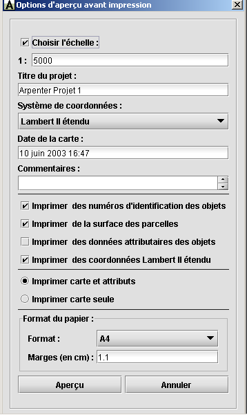 12 Déplacement de points sur ArpentGIS-PC 3.9. Aperçu et impression La fonction «Aperçu» est obtenue depuis le menu «Fichier» «Aperçu avant impression» ou directement en cliquant sur le bouton.