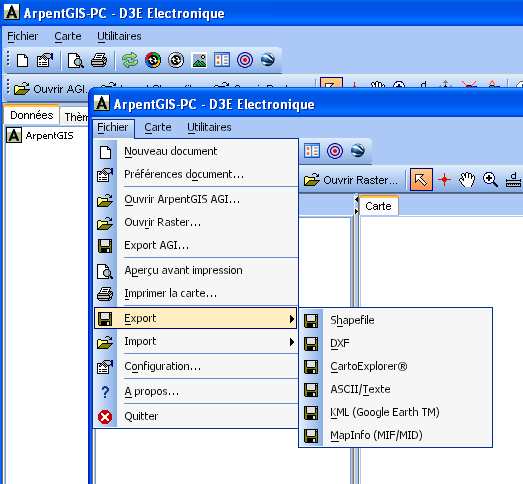 la fenêtre carte (AGI, SHP, Mapsource, Texte) sont convertis en un fichier au format SHP fichier DXF : fichier de forme uniquement, les données attributaires ne sont pas exportées fichier