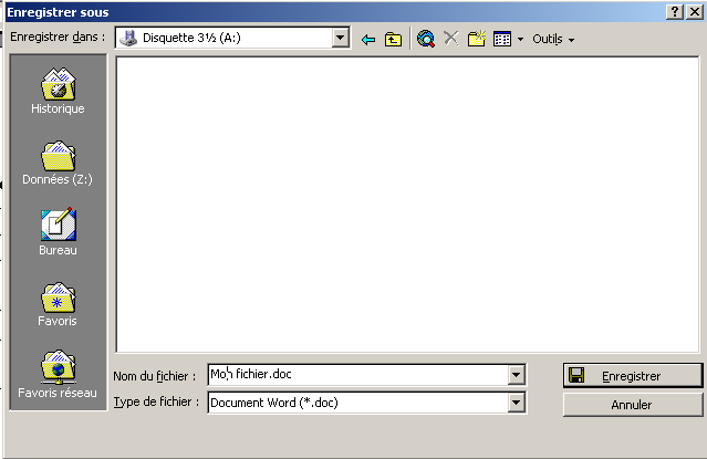Enregistrer son travail dans un fichier Pour enregistrer un fichier sur une disquette on sélectionne l option Enregistrer sous dans le menu Fichier.