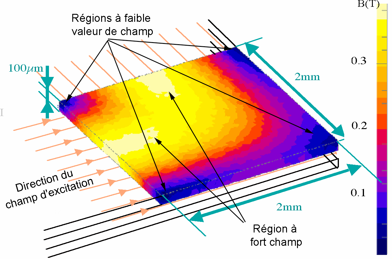5.2. Simulation 3D en magnétodynamique 5.2.1 Simulation magnétodynamique à 100Hz : Afin de s assurer de l homogénéité du champ dans le matériau NiFe ainsi que de sa répartition, une simulation en